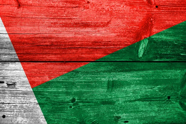 Bandera de Madagascar pintada sobre fondo de madera vieja — Foto de Stock