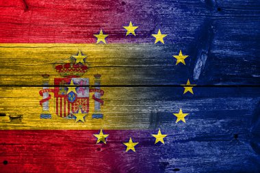 İspanya ve Avrupa Birliği bayrağı eski ahşap tahta dokusu üzerinde boyalı