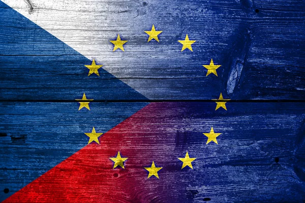 Czech Republic and European Union Flag painted on old wood plank texture — Stock Photo, Image