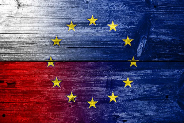 Poland and European Union Flag painted on old wood plank texture — Stock Photo, Image