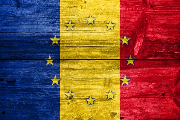 Romania and European Union Flag painted on old wood plank texture — Stock Photo, Image