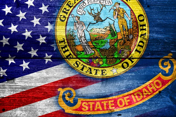美国和爱达荷州旗画上旧木板纹理 — 图库照片