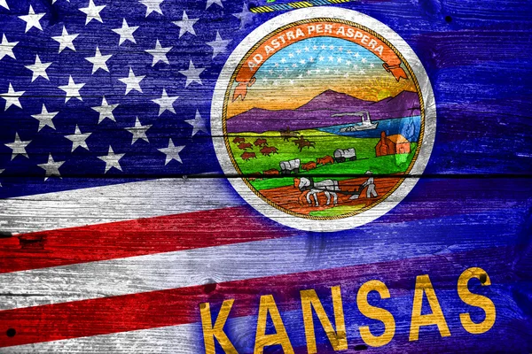 美国和堪萨斯州州旗画上旧木板纹理 — 图库照片