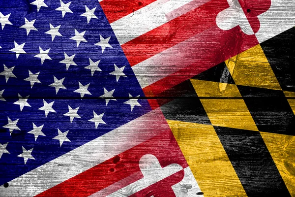 USA and Maryland State Flag painted on old wood plank texture — Stock Photo, Image