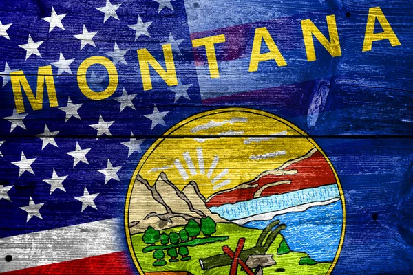 USA und Montana Staatsflagge auf alten Holzplanken bemalt — Stockfoto