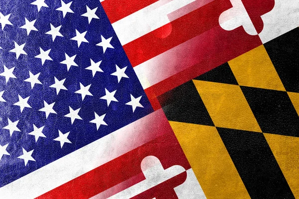 EUA e Maryland Bandeira do Estado pintada sobre textura de couro — Fotografia de Stock
