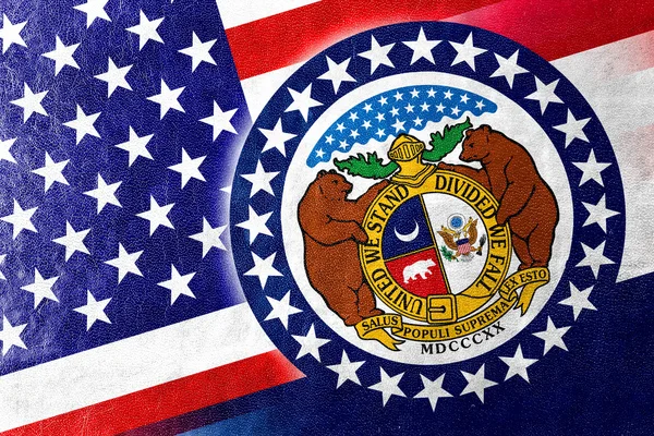 EUA e Missouri Bandeira do Estado pintada sobre textura de couro — Fotografia de Stock