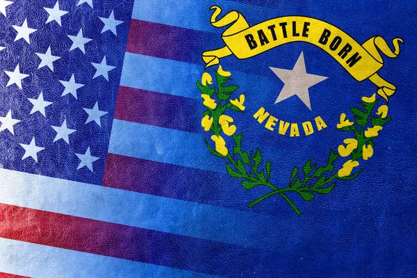 USA und Nevada State Flagge auf Leder Textur gemalt — Stockfoto