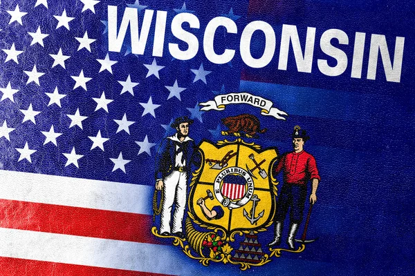 USA and Wisconsin State Flag painted on leather texture — Stock Photo, Image