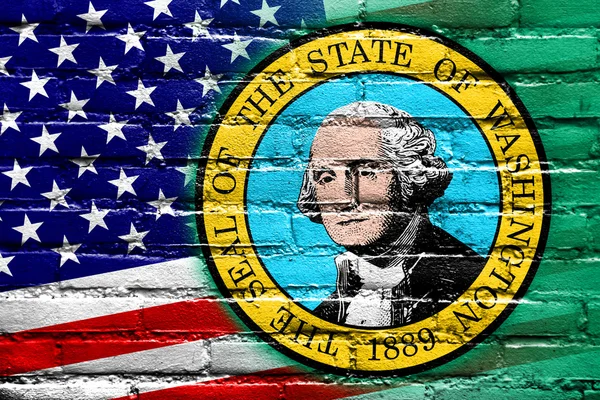Флаг США и штата Вашингтон раскрашен на кирпичной стене — стоковое фото