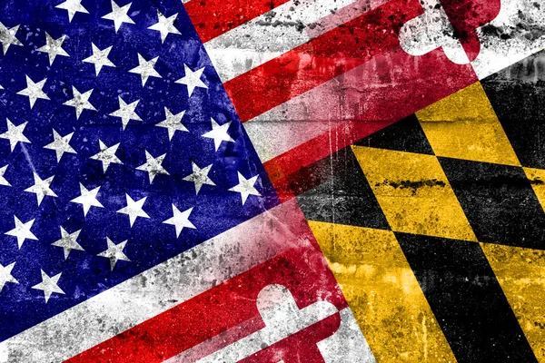 USA i Flaga stanu Maryland namalowane na ścianie grunge — Zdjęcie stockowe