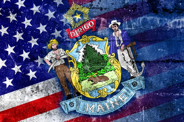 USA und Maine State Flagge auf Grunge-Wand gemalt — Stockfoto
