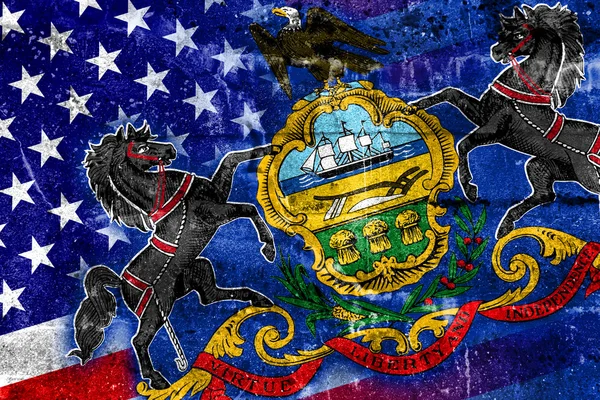 美国和宾夕法尼亚州州旗上垃圾墙画 — 图库照片