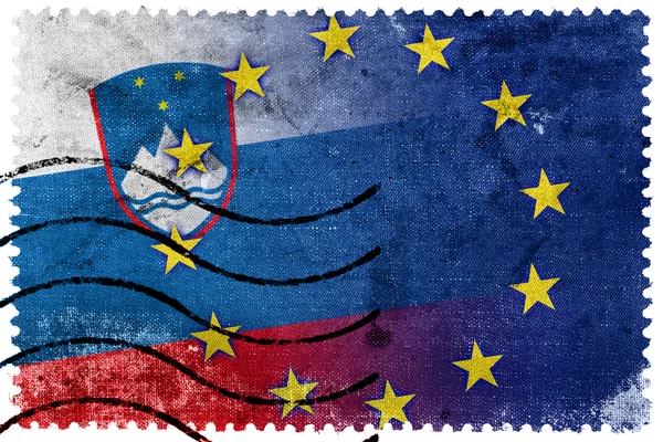 Slovenië en de vlag van de Europese Unie - oude postzegel — Stockfoto