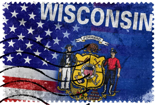 USA ja Wisconsin State Flag - vanha postimerkki — kuvapankkivalokuva