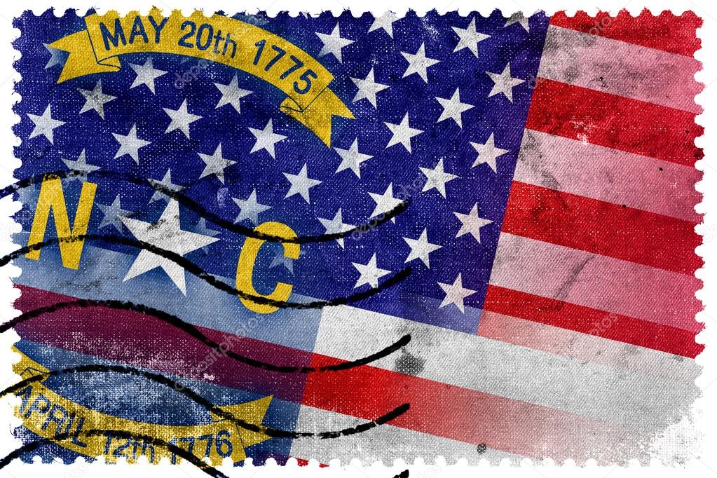 USA and North Carolina State Flag - old postage stamp