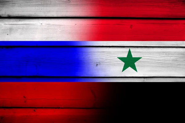 Russie et Syrie Drapeau sur fond bois — Photo