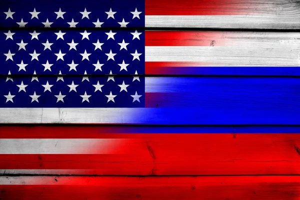 USA and Russia Flag on wood background — Stock Photo, Image