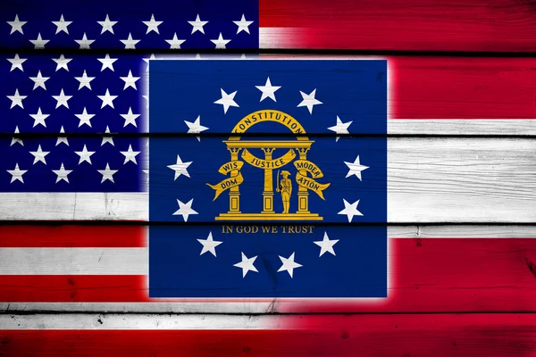 USA i Gruzji państwa bandery na tle drewna — Zdjęcie stockowe