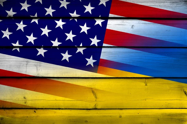 Ukraine and USA Flag on wood background — Stock Photo, Image