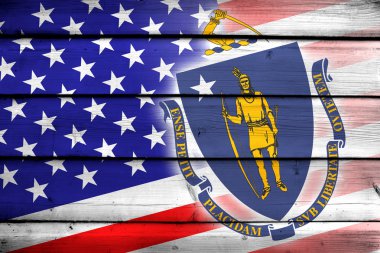 USA and Massachusetts State Flag on wood background clipart