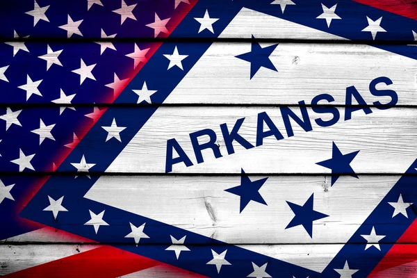 USA and Arkansas State Flag on wood background — Stock Photo, Image