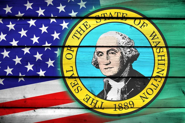 Bandera de Estados Unidos y Washington sobre fondo de madera — Foto de Stock
