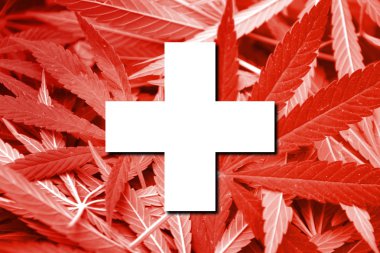 Switzerland Flag on cannabis background. Drug policy. Legalization of marijuana clipart
