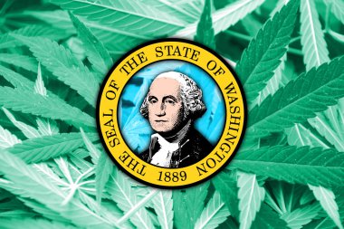 Washington State Flag on cannabis background. Drug policy. Legalization of marijuana clipart