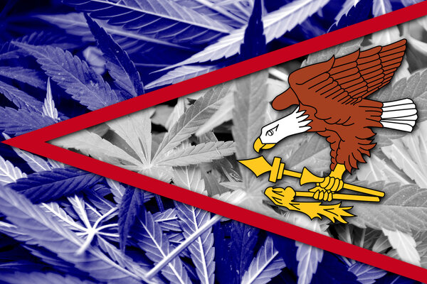 Arizona State Flag on cannabis background. Drug policy. Legalization of marijuana