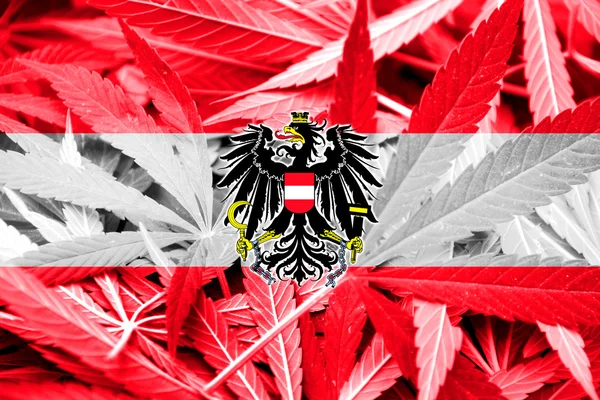 Österreich-Fahne auf Cannabis-Hintergrund. Drogenpolitik. Legalisierung von Marihuana — Stockfoto