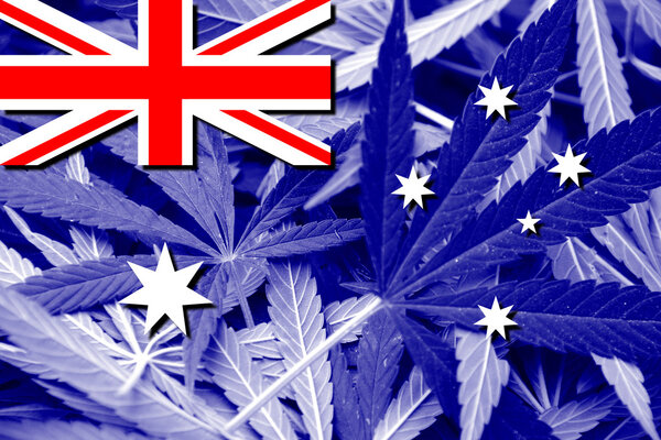 Australia Flag on cannabis background. Drug policy. Legalization of marijuana