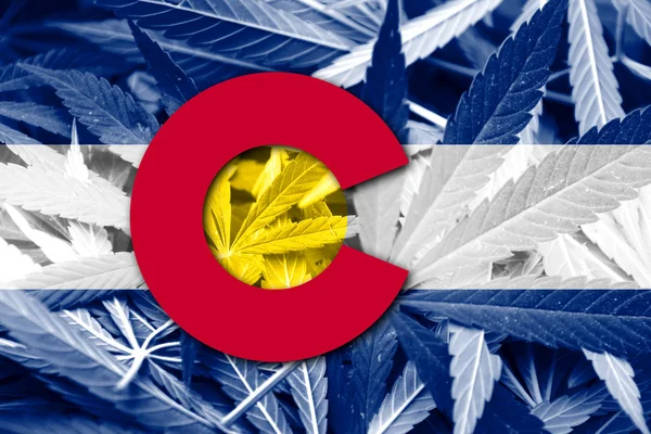 Bandeira do Estado do Colorado sobre fundo de cannabis. Política de drogas. Legalização da maconha — Fotografia de Stock