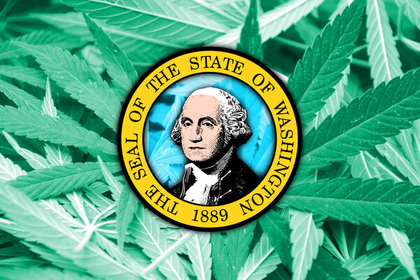 Washington State Flag on cannabis background. Drug policy. Legalization of marijuana