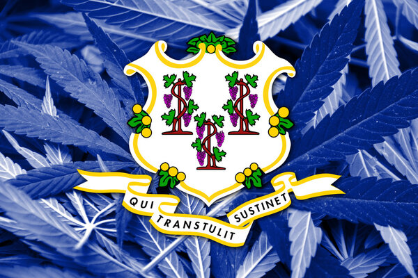 Connecticut State Flag on cannabis background. Drug policy. Legalization of marijuana