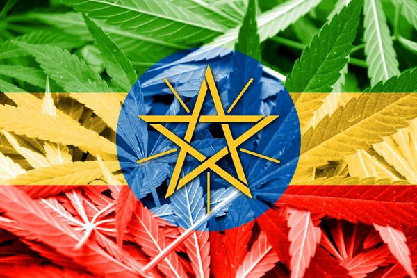 De vlag van Ethiopië op cannabis achtergrond. Beleid van de drug. Legalisatie van marihuana — Stockfoto