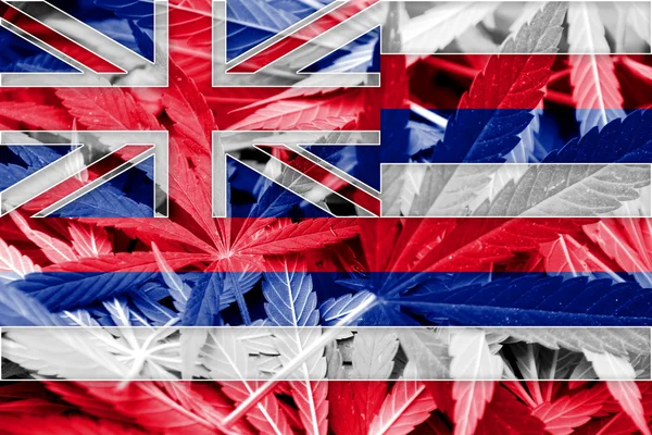 Hawaii State Flag on cannabis background. Drug policy. Legalization of marijuana — Stock Photo, Image