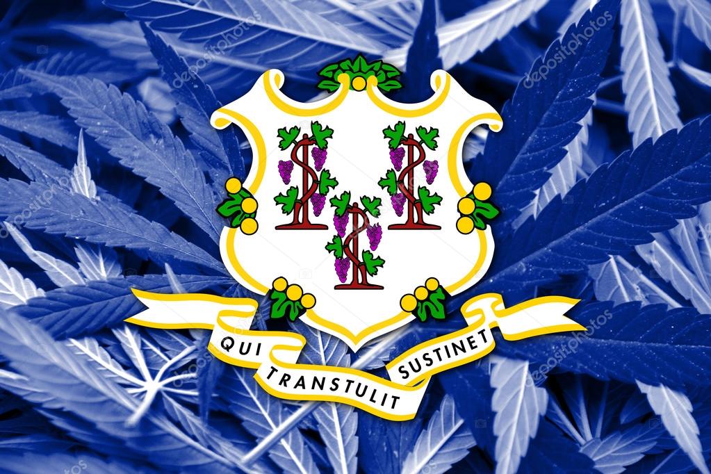 Connecticut State Flag on cannabis background. Drug policy. Legalization of marijuana