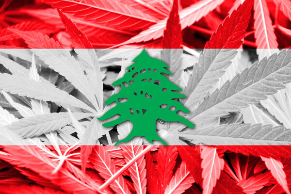 Lebanon Flag on cannabis background. Drug policy. Legalization of marijuana