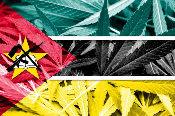 Mozambique Flag on cannabis background. Drug policy. Legalization of marijuana