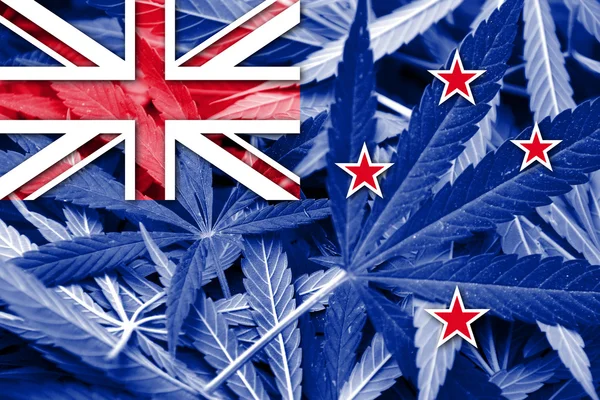 Nouvelle-Zélande Drapeau sur fond de cannabis. Politique sur les drogues. Légalisation de la marijuana — Photo