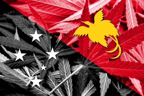 De vlag van Papoea-Nieuw-Guinea op cannabis achtergrond. Beleid van de drug. Legalisatie van marihuana — Stockfoto