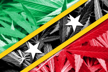 Saint Kitts ve Nevis bayrak esrar arka plan üzerinde. Uyuşturucu politikası. Marihuana yasallaştırma