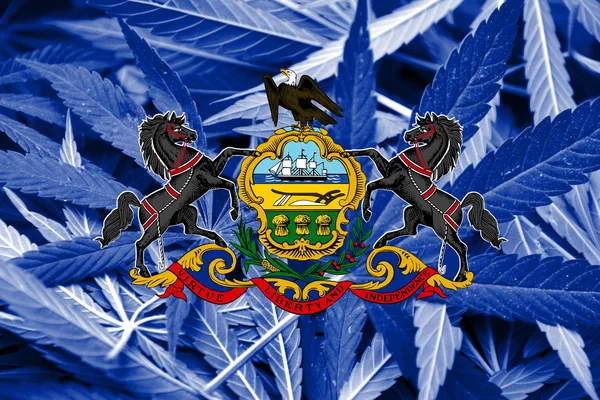 Pennsylvania State Flag on cannabis background. Drug policy. Legalization of marijuana