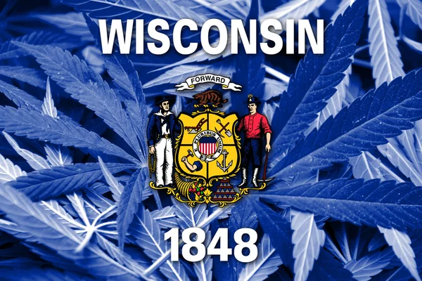 Wisconsin State Flag on cannabis background. Drug policy. Legalization of marijuana — Stock Photo, Image