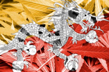 Bhutan bayrağı esrar arka plan üzerinde. Uyuşturucu politikası. Marihuana yasallaştırma