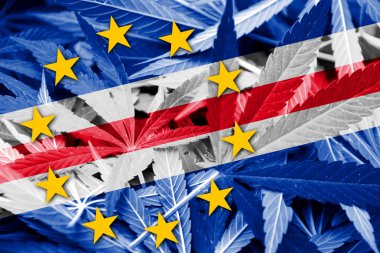 Cape Verde bayrak esrar arka plan üzerinde. Uyuşturucu politikası. Marihuana yasallaştırma