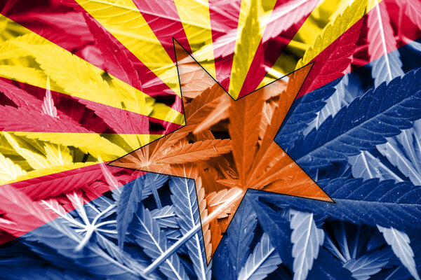 Arizona State Flag on cannabis background. Drug policy. Legalization of marijuana