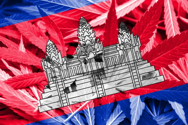 Bandeira Camboja em fundo de cannabis. Política de drogas. Legalização da maconha — Fotografia de Stock