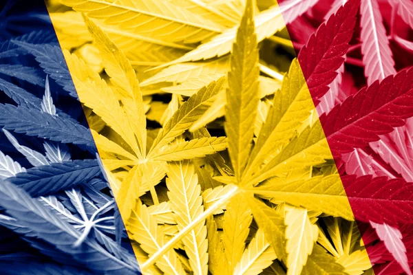 Bandeira do Chade sobre fundo de cannabis. Política de drogas. Legalização da maconha — Fotografia de Stock
